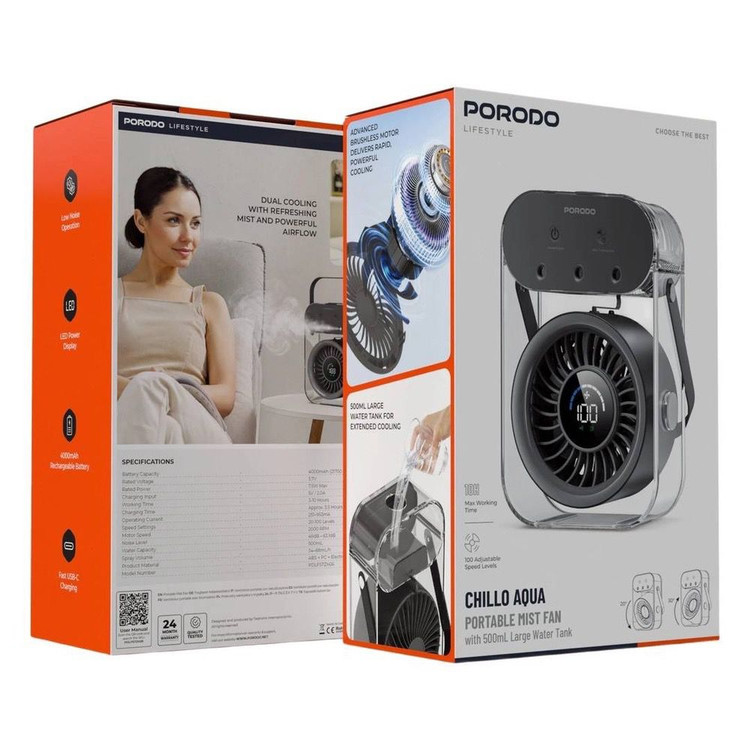 پنکه شارژی و رطوبت ساز مست فن - Mist Fan) قابل حمل از برن Porodo Lifestyle مدل PDLFSTZH26 (اورجینال وارداتی)
